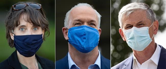 In this three panel photograph; Green Party Leader Sonia Furstenau, from left to right, NDP Leader John Horgan and Liberal Leader Andrew Wilkinson wear face masks to curb the spread of COVID-19. A provincial election will be held in British Columbia on October 24. THE CANADIAN PRESS/Darryl Dyck