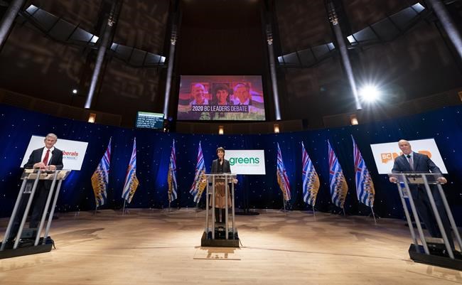 NDP Leader John Horgan, Green Leader Sonia Furstenau and Liberal Leader Andrew Wilkinson prepare for a debate at the Chan Centre in Vancouver, B.C., Tuesday, October 13, 2020. THE CANADIAN PRESS/Jonathan Hayward