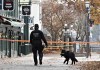 A K-9 unit police officer walks near one of the crime scenes related to the random stabbing attacks in Quebec City, Sunday, Nov. 1, 2020. THE CANADIAN PRESS/Jacques Boissinot