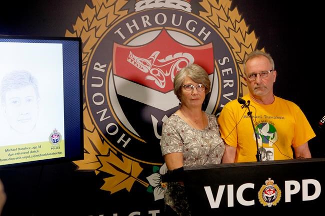 An age-enhanced sketch of Michael Dunahee, the four-year-old boy who went missing from a playground at Blanshard Park Elementary School on March 24, 1991, was released Wednesday by his parents Crystal and Bruce Dunahee as the family held a news conference at the Victoria Police Headquarters on Wednesday, March 24, 2021. THE CANADIAN PRESS/Chad Hipolito