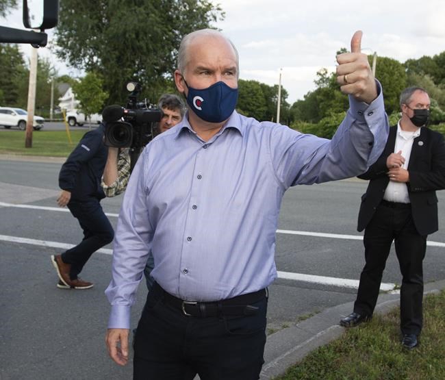Conservative Leader Erin O'Toole gives a thumbs up to supporters after a campaign rally Friday, August 27, 2021 in Sydney, NS. THE CANADIAN PRESS/Ryan Remiorz