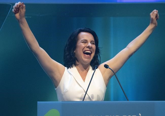 Montreal Mayor Valerie Plante celebrates with supporters after being re-elected, in Montreal, Sunday, Nov. 7, 2021. For the second time in a row, Plante has defeated Denis Coderre in a Montreal mayoral election. THE CANADIAN PRESS/Ryan Remiorz