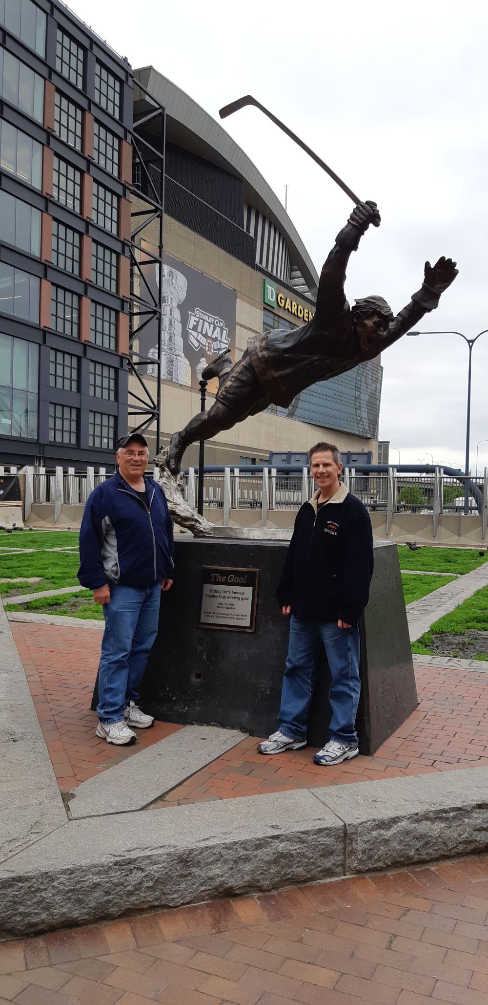 Supplied photo
Toews (left) and Friesen in front of the Bobby Orr statue depicting his famous Stanley Cup winning goal in 1970.
