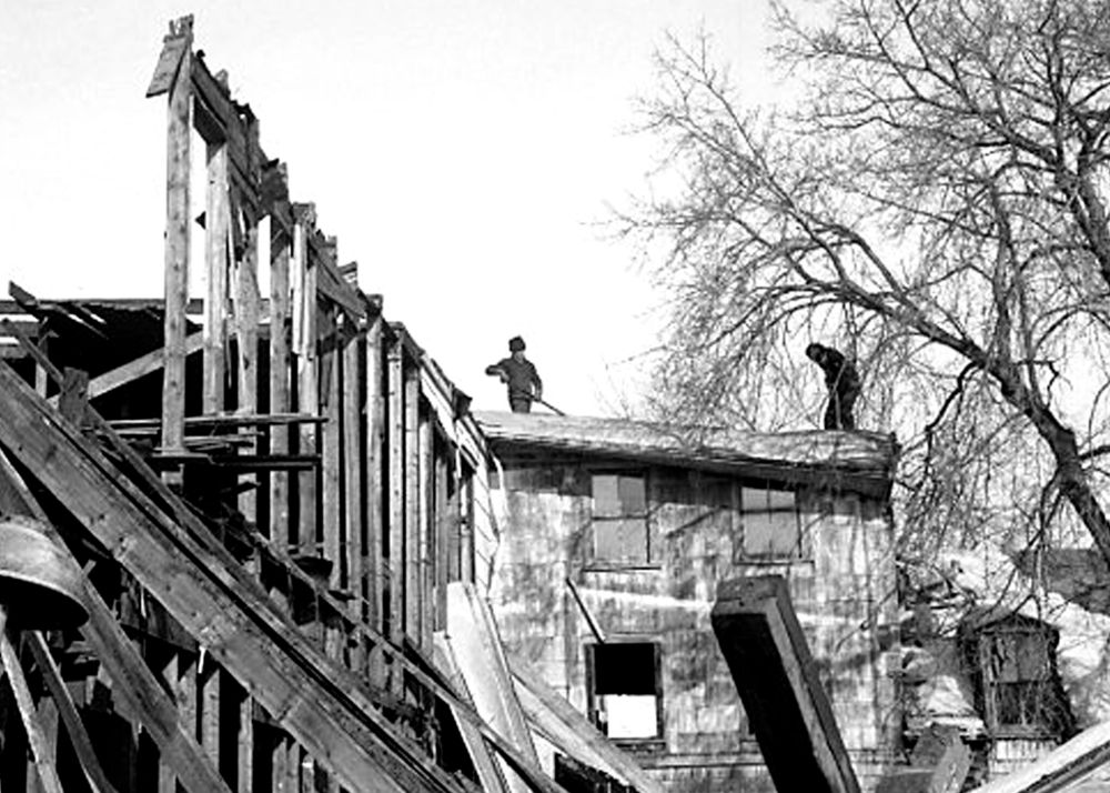 CARILLON ARCHIVES
Demolition of the big old H.W. Reimer store on Main Street next to the post office has nearly been completed by members of the Anola Hutterite colony, which purchased the building from the town of Steinbach for $250.