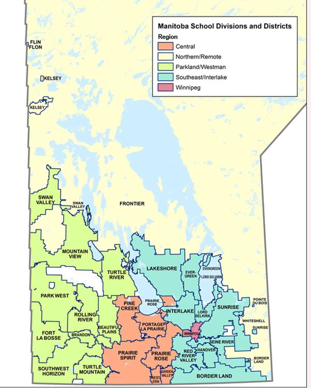 A current map of Manitoba school divisions does not reflect the drastic changes recommended by a boundaries review commission in 1995. There were 57 school divisions prior to the review 25 years ago, and today there are still close to 40.