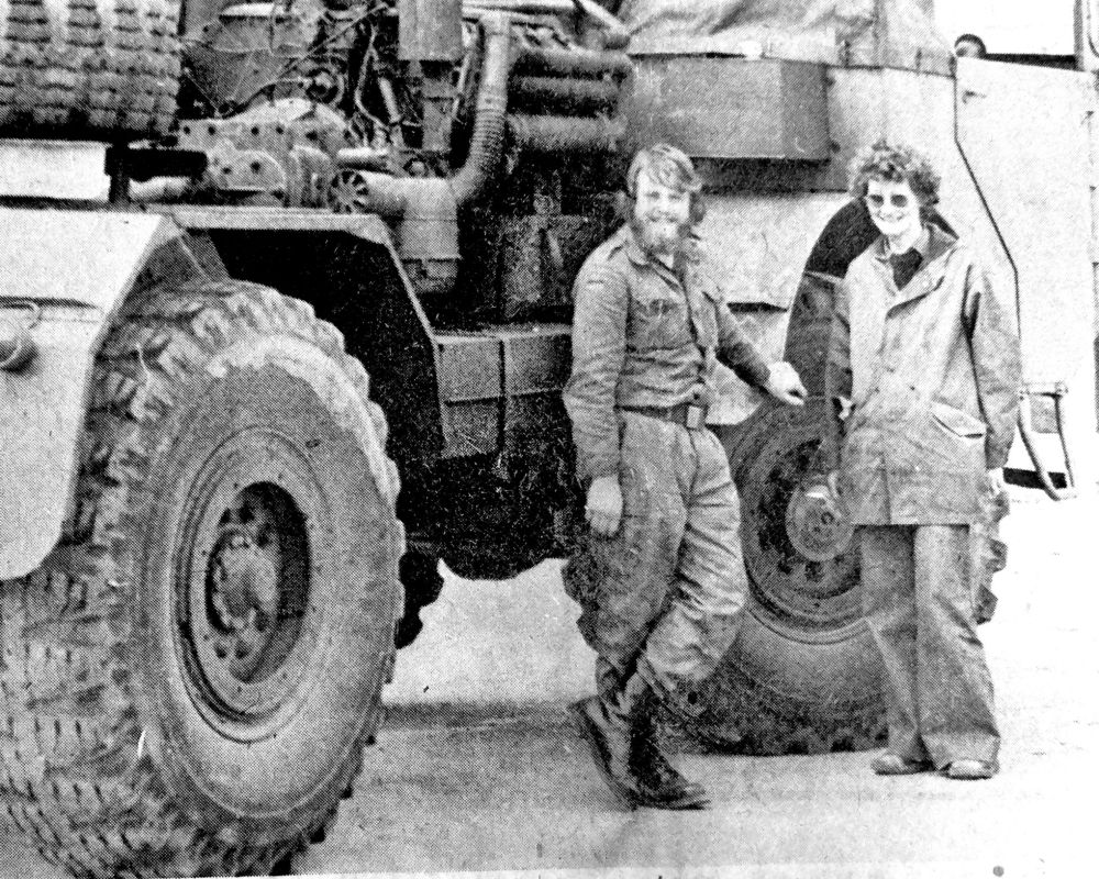 Carillon Archives
Rudolf Schoenenberg and Helge Hesse drove this four-wheel-drive army vehicle from Montreal to a farm near Dufrost last week, where Helge and her husband Willi from West Germany will begin farming approximately 1,600 acres. The huge truck, one of three vehicles the couple brought over from Germany, will double as a tractor in their farming operation.