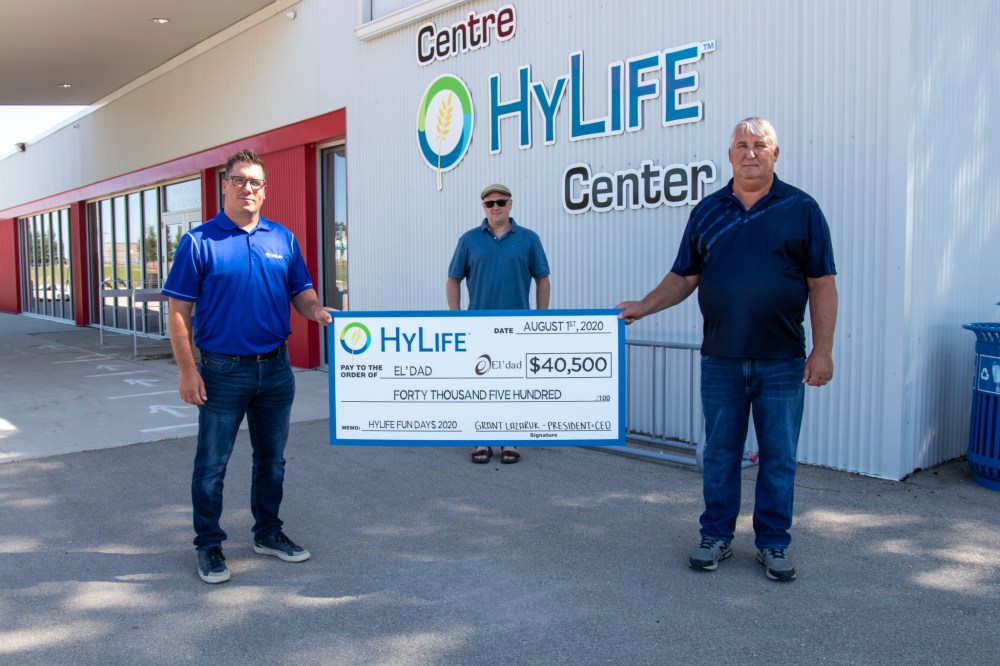 Supplied Photo
Mitch Tetrault, HyLife employee & Fun Days committee member, Kevin Drain, El’ Dad Ranch director, Lionel Gauthier, HyLife employee & Fun Days committee member.
