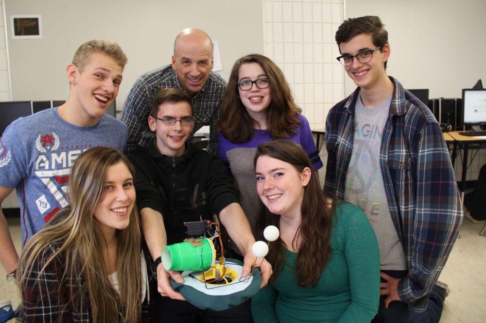 Landmark’s hovercraft team. Clockwise from top left: Keith Warkentin, teacher Barry Dyck, Blaire Drobot, August Mendelsohn, Olivia Hildebrand, Josh Maendel holding the hovercraft and Julie Jones-Kubin.