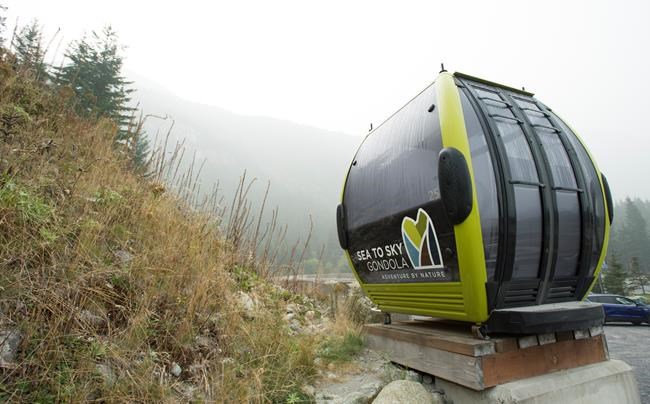 A gondola used as a sign near the parking lot is pictured at the base of the Sea to Sky Gondola in Squamish, B.C. Monday, September 14, 2020. The operators of a popular tourist gondola near Squamish, B.C., say the cable of the ride has been severed for the second time. THE CANADIAN PRESS/Jonathan Hayward