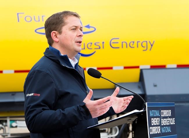 Conservative Leader Andrew Scheer makes a campaign announcement at Four Quest Energy, in Edmonton on Saturday, Sept. 28, 2019. THE CANADIAN PRESS/Nathan Denette