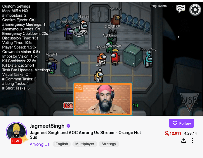 A screen capture of NDP leader Jagmeet Singh's Twitch stream as he plays U.S. member of Congress, Alexandria Ocasio-Cortez, in the online video game