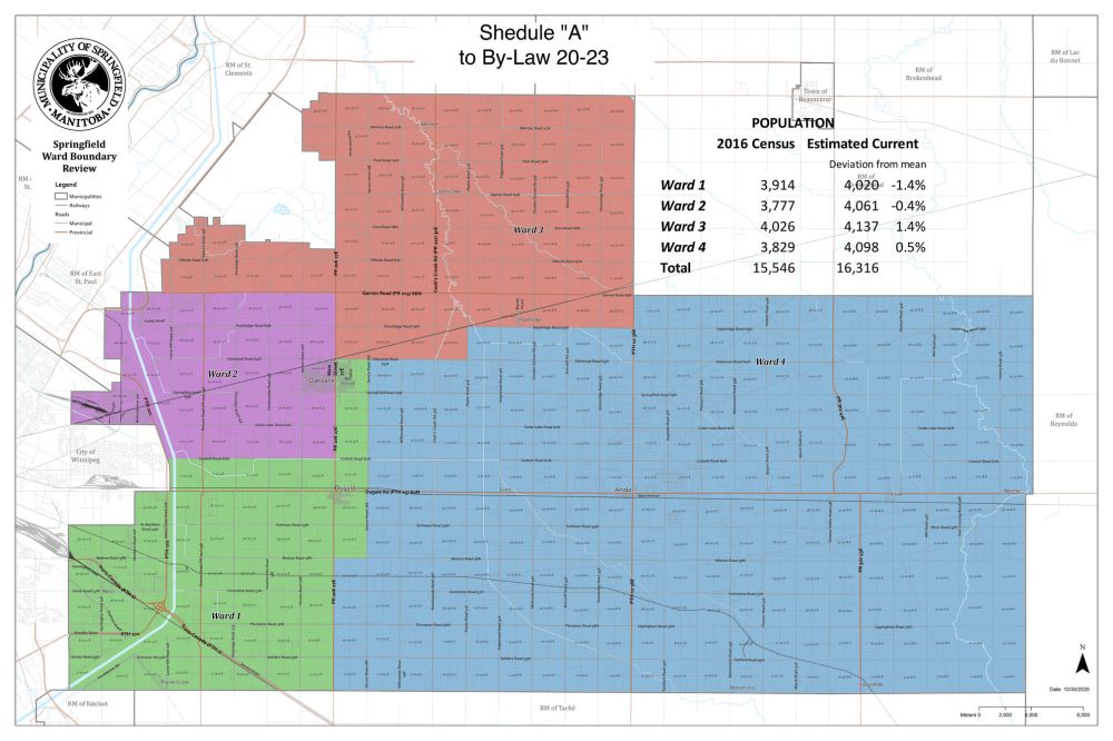 Rural Municipality of Springfield
The RM of Springfield’s new ward boundary map, which takes effect for the October 2022 election, reduces the number of wards to four from five. Each will be represented by one member of council. The mayor remains elected at-large.