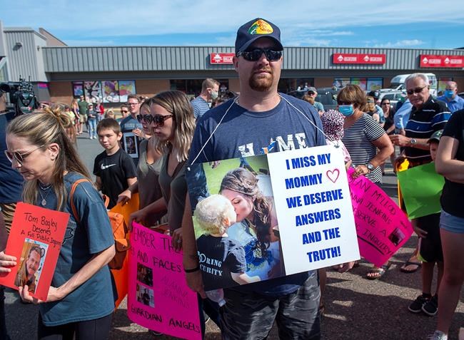 Nick Beaton, whose wife Kristen Beaton was killed in the April mass shooting, attends a march organized by families of victims demanding an inquiry into the crimes in Nova Scotia that killed 22 people, in Bible Hill, N.S. on Wednesday, July 22, 2020.THE CANADIAN PRESS/Andrew Vaughan