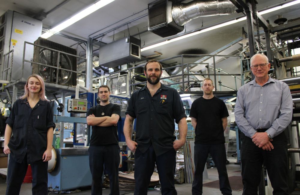 Greg Vandermeulen The Carillon
The pressroom team of Annessa Reimer, Ken Benoit, Blair Beaudoin, Brett Siemens and Norm Sobering stand ready to see another award-winning issue of The Carillon roll off the presses. Missing is Shaun Peters, the sixth member of the crew.
