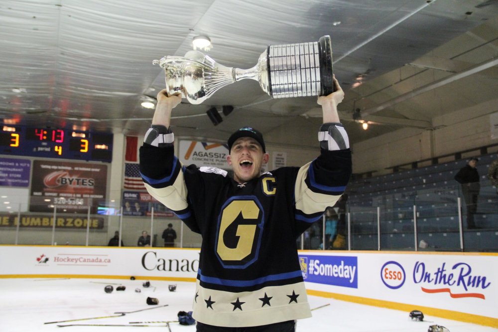 IAN FROESE | THE CARILLON
Bentley captain Don Morrison hoists the Allan Cup after his team won its third ever national title Saturday against the South East Prairie Thunder.