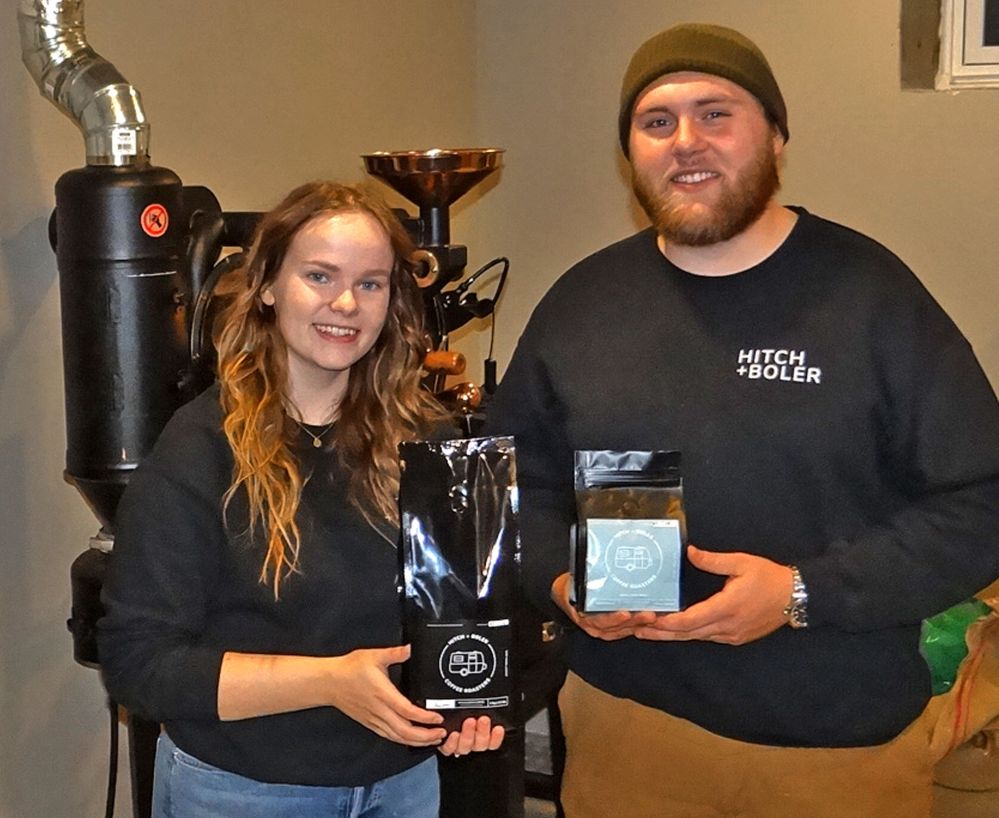 WES KEATING | THE CARILLON
Dayna and Josh Lepp display packages of Hitch+Boler coffee in the basement roasting facility in their Steinbach home.