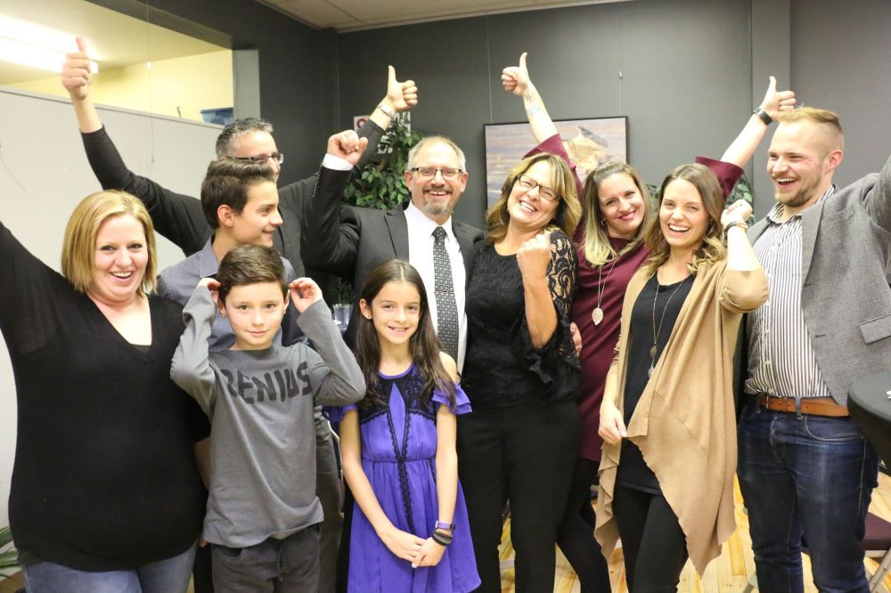GRANT BURR | THE CARILLON
Funk and his family celebrate a big election night victory in which he outpaced both Paul Neustaedter and John Fehr to achieve victory.