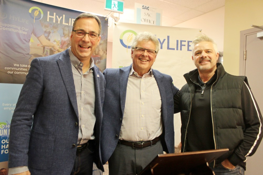 GRANT BURR | THE CARILLON
HyLife’s executives Guy Baudry, Don Janzen and Ron Schellenberg celebrate the company’s $5 million announcement on Friday morning at the Steinbach Cultural Arts Centre, which Janzen said was made in alignment with the community events centre plan shared by Steinbach mayoral candidate Paul Neustaedter.