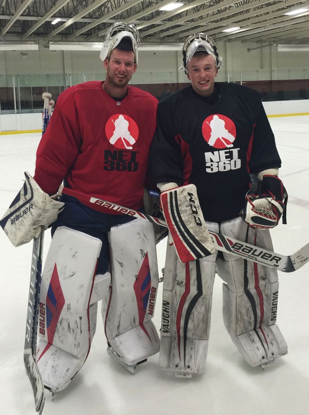 Submitted photo
Two of Ray Petkau's clients, at different stages of their careers, veteran NHL goaltender James Reimer (left) of the Florida Panthers and Steinbach Pistons standout Matthew Thiessen, at Petkau's NET360 camp last summer in Kelowna.