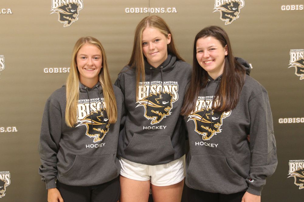Submitted photo
From the left: Kate Gregoire (Ste. Anne); Halle Edwards (Sanford); and Camille Enns (Linden) have all committed to playing U of M Bisons women's hockey beginning in the 2019-20 season.