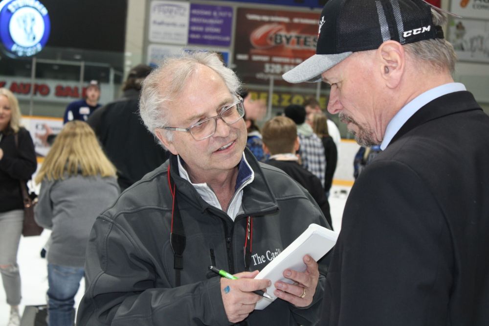 GREG VANDERMEULEN / THE CARILLON
Terry Frey interviews Doug Hedley, head coach and general manager of the Dauphin Kings, following the team’s Game 7 victory over the Steinbach Pistons last Wednesday.