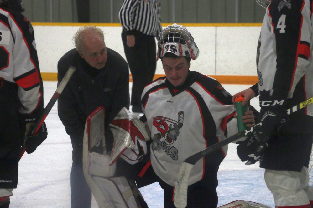 Mudbugs goalie Cole Einarson took a hard shot to after a teammate pushed a Landmark player into him. After some initial concern, the goalie was able to tough it out and stay in the game after being evaluated by trainers from both teams. (Cassidy Dankochik The Carillon)