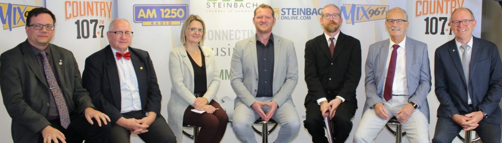GREG VANDERMEULEN THE CARILLON
Steinbach city council candidates Michael Zwaagstra, Jac Siemens, Susan Penner, Damian Penner, Shawn Liska, Jake Hiebert and Bill Hiebert participated in the live forum hosted by the Steinbach Chamber of Commerce and Golden West Broadcasting.