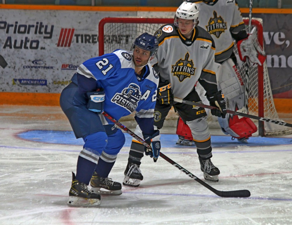 Landon Roberts settles in for a faceoff during a Pistons game against the Neepawa Titans. The 2002-born forward brings over 100 games of WHL experience to the MJHL, at least until he received a skate-blade cut during a game against Winkler Nov. 2. (Cassidy Dankochik The Carillon)