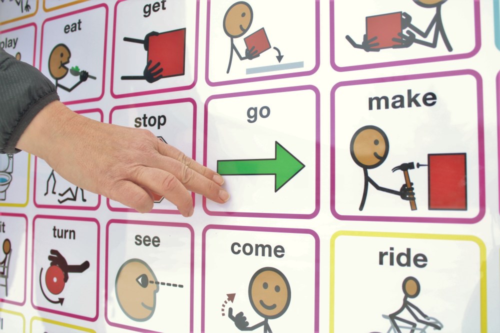 Tiles depict actions, emotions, and other basic “core words” to reduce communication barriers for students with speech difficulties when they don’t have their classroom devices handy outside. (NICOLE BUFFIE | THE CARILLON)