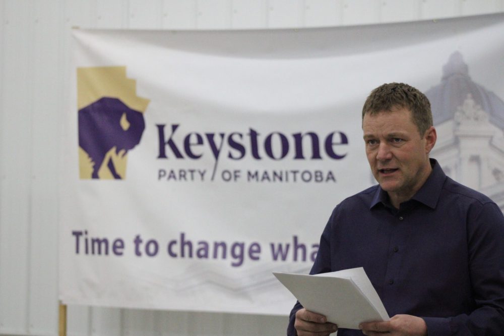 GREG VANDERMEULEN THE CARILLON
Keystone Party leader Kevin Friesen addressed a group of close to 30 people at a town hall meeting near Friedensfeld on Oct. 28.