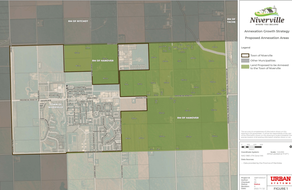 TOWN OF NIVERVILLE
A proposed land annexation would see 2,600 acres of land transferred from the RM of Hanover to the Town of Niverville to support the town’s growth over the next 15 to 20 years.