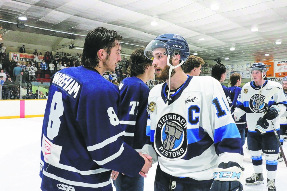 Pistons captain Zac Patrick shakes hands with his Dauphin Kings opponents after a game seven loss in the Turnbull Cup finals. It was Patrick's final year of junior eligibility, so the Winnipeg-born player will be heading the the University of Manitoba Bisons. (Terry Frey Photo The Carillon)