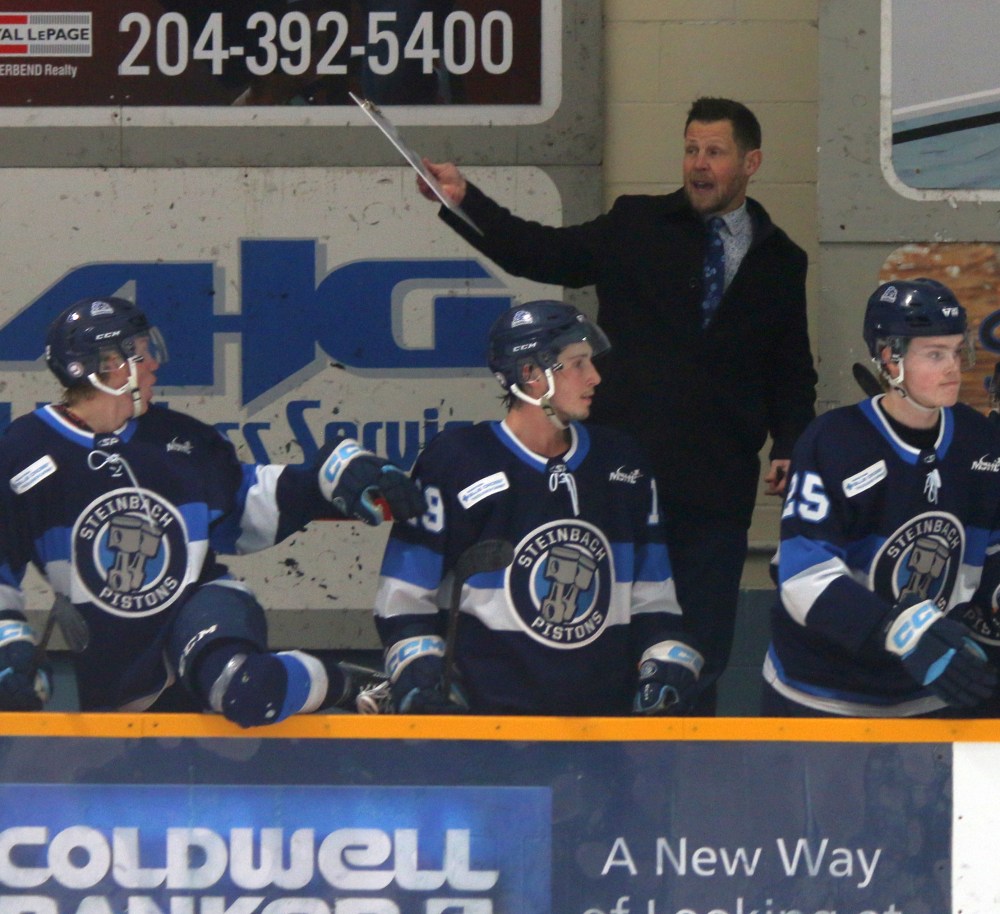 Steinbach Pistons head coach Paul Dyck signals to his goaltender to leave the crease while attempting a comeback against the Virden Oil Capitals Jan. 13. The coach will be honoured by the Moose Jaw Warriors, as he will be inducted into the WHL club's hall of fame this February. (Cassidy Dankochik The Carillon)