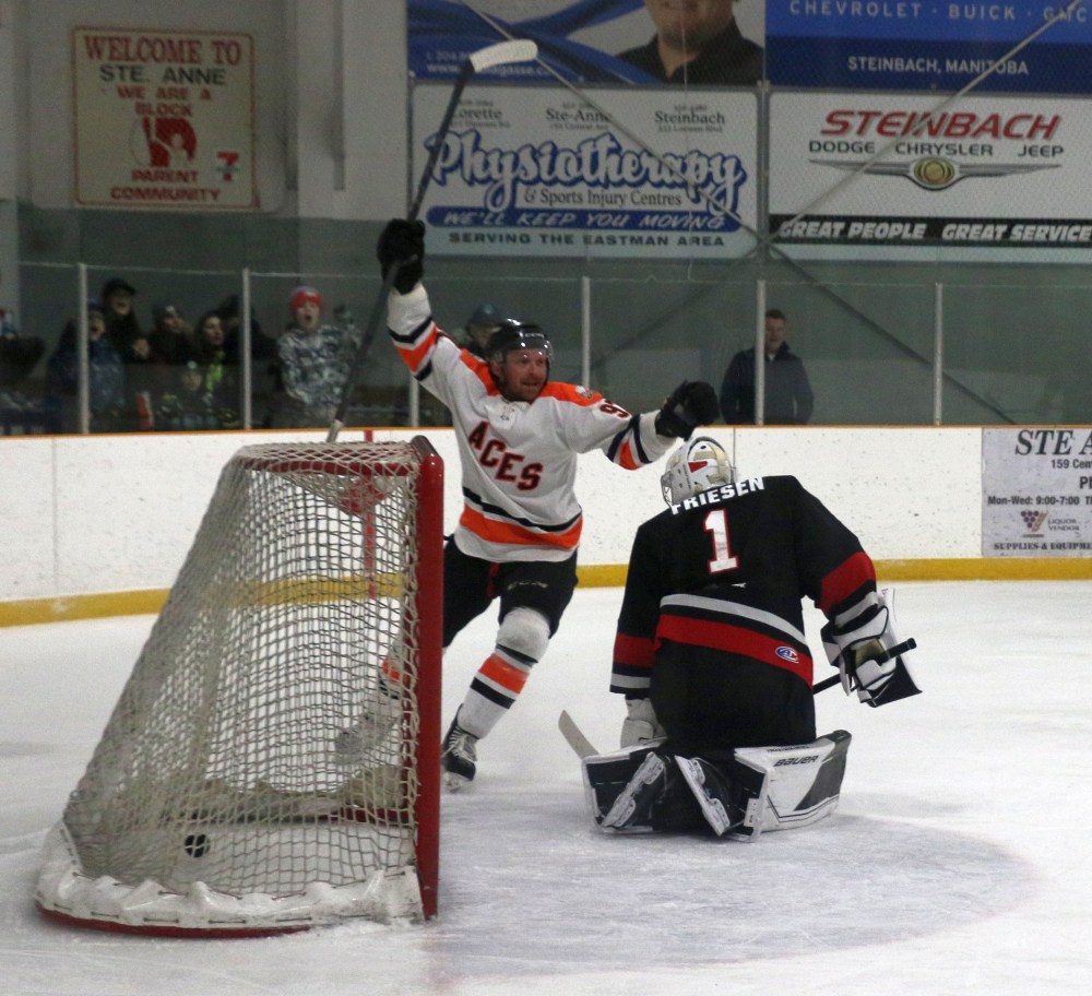 Brenden Walker celebrates his odd goal. The forward last touched the puck at the attacking blue line, tipping it towards the net. In attempting to catch up to the puck, he swung his stick at the puck, missing completely, but fooling Red River's goalie into opening up his five hole for the puck to trickle through. (Cassidy Dankochik The Carillon)