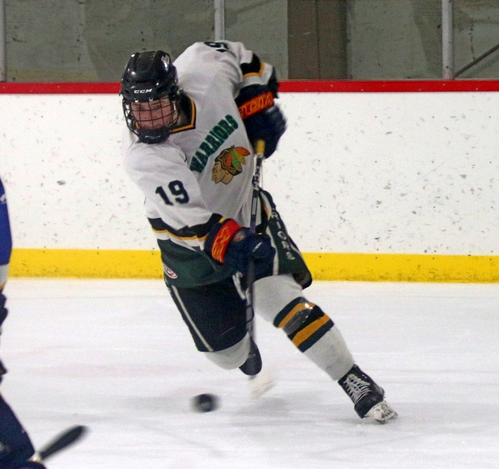 Dayden Collier managed to one-time this pass from Ashton Dubois into the back of the net, extending St Malo's lead to 6-1. (Cassidy Dankochik The Carillon)