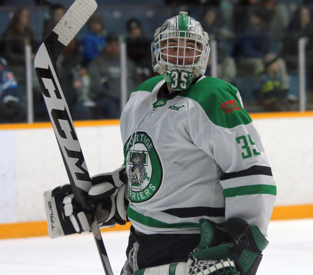 St Pierre's Jayden Catellier started Portage's final regular season game of the season against Steinbach. Portage had a pretty even goaltender tandem featuring Catellier, who may see the crease during the series against Niverville. (Cassidy Dankochik The Carillon)