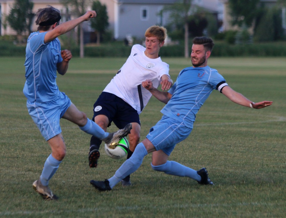Scanlon Weibe had this shot blocked in the first half, but wouldn't be denied, scoring the Hanover Kickers' insurance marker in a 3-1 win June 20. (Cassidy Dankochik The Carillon)
