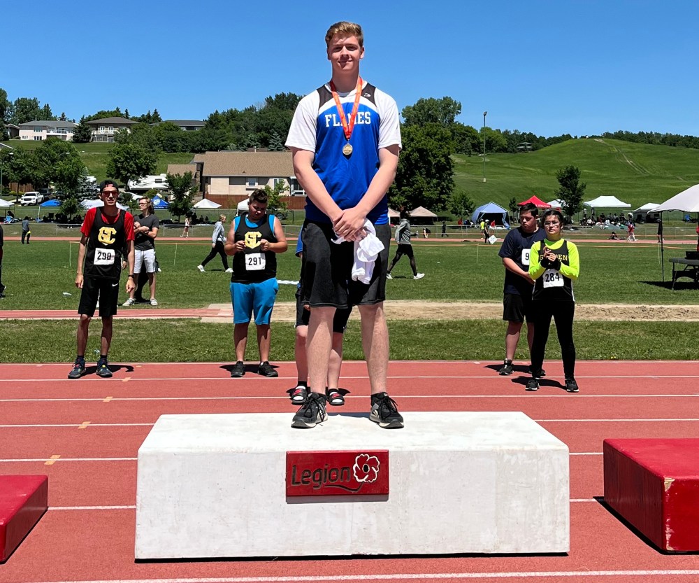 Steinbach Christian School student Lukas Klassen out-threw everyone by over a meter in Manitoba at the Manitoba High School Athletic Association track provincials in the varsity boys discus event. (Steinbach Christian School Submitted)
