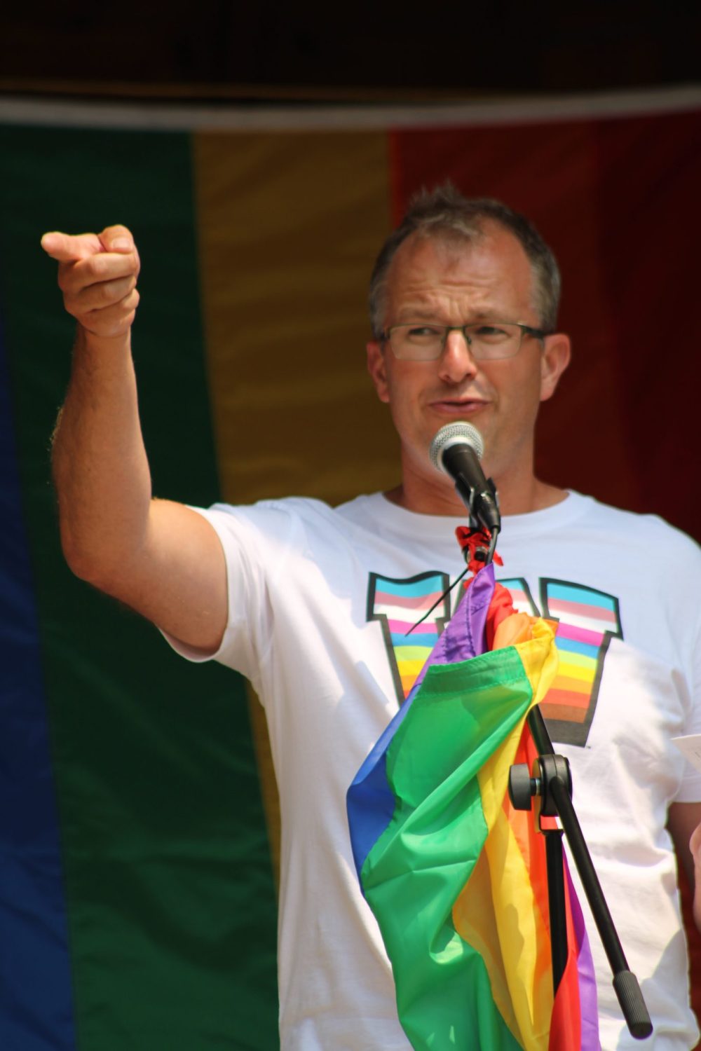 GREG VANDERMEULEN THE CARILLON
Grace Mennonite Church Pastor Kyle Penner brought his message to the pride march.