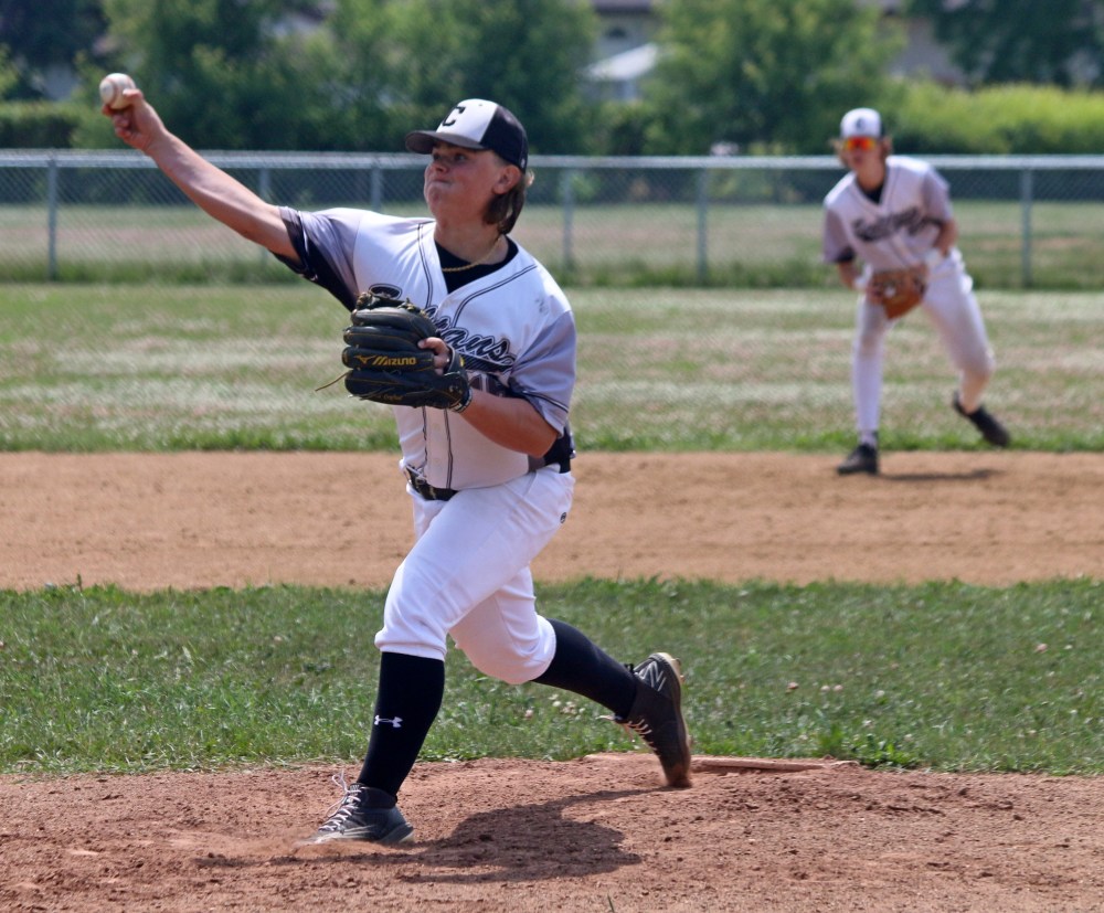 Max Bergen lets loose a pitch during the first game of the Carillon Sultans' double-header against Oildome July 3. (Cassidy Dankochik The Carillon)