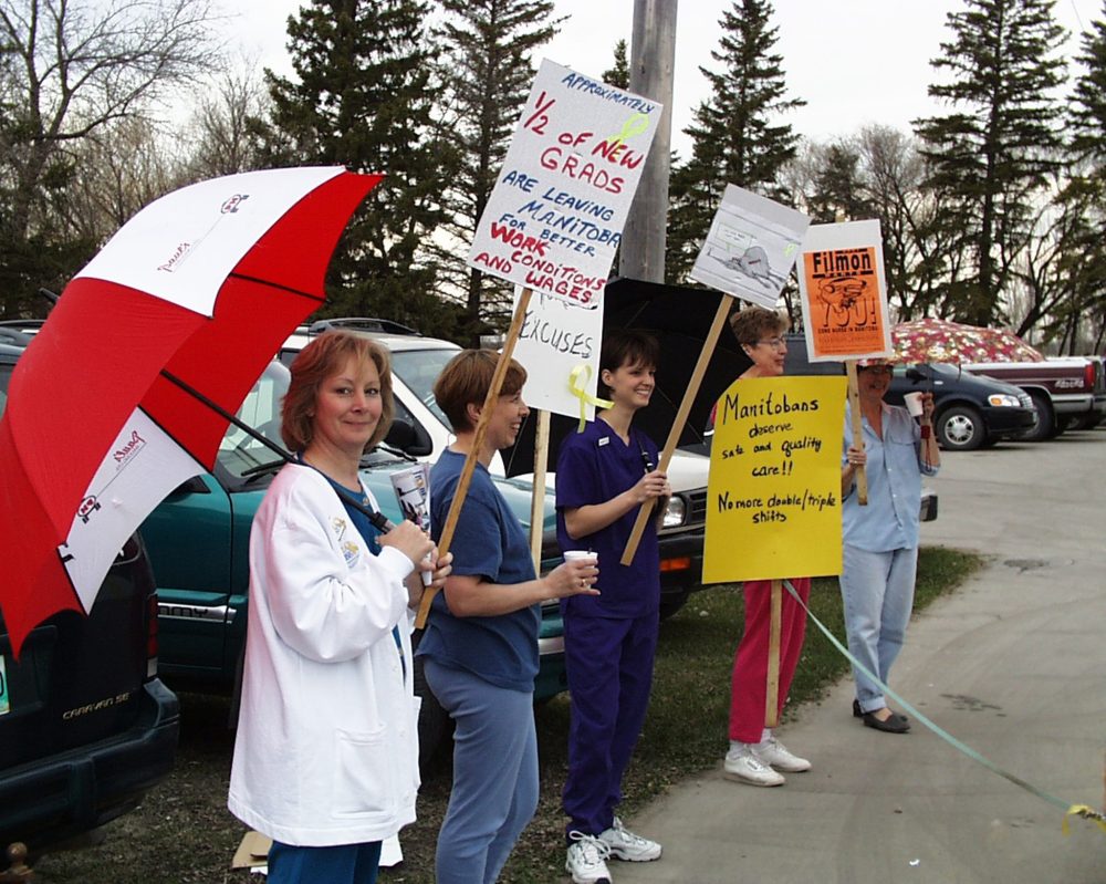 Demonstrating nurses were on hand to greet Premier Gary Filmon when he visited Steinbach for the April 27 Conservative nominating meeting to elect a candidate to replace retiring MLA Albert Driedger. They were told an agreement had been reached between the province and the nurses’ union that very day.