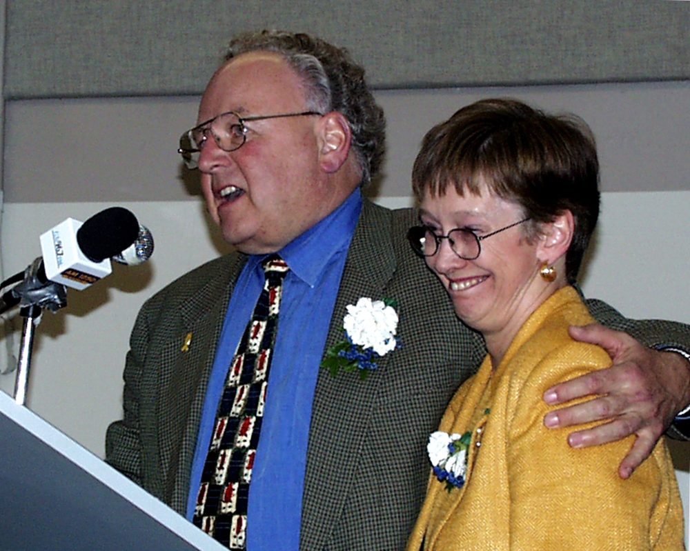 CARILLON ARCHIVES
A jubilant Jim Penner is joined at the podium by his wife Bev as he thanks supporters for electing him as the candidate for the Conservative Party in the Steinbach Constituency for the 1999 provincial election.