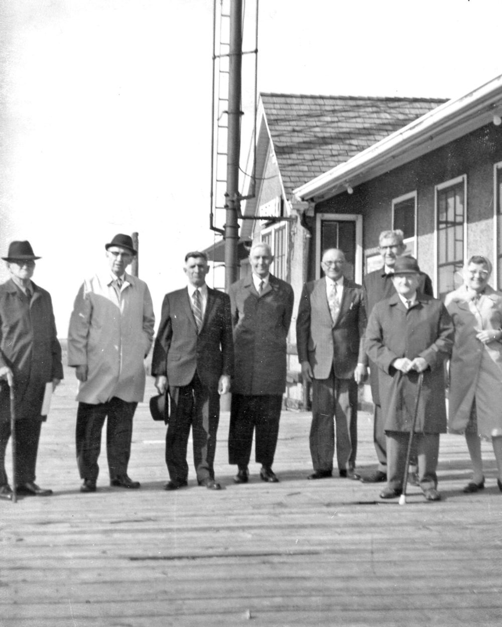 CARILLON ARCHIVES
These Mennonites standing in front of Giroux station were part of a group of about 30, who held a reunion Sunday, Sept. 23 to commemorate the 50th anniversary of the arrival of a group of Russian Mennonites at Giroux station. Left to right, John G. Barkman, who opened his home to an immigrant in 1923; Peter A. Vogt, who emigrated from Russia with his mother, Mrs Aganetha Vogt, and his sister Maria; Abe Reimer, a young boy at the time, who met the immigrants at the station; Peter J. Nickel, Steinbach, and Andrew Peters, Winnipeg, two 1923 immigrants; H.W. Reimer, who took in a number of immigrants in 1923; and Aganetha Epp, Winnipeg, who stayed in a building across from the K.F. Penner farm.