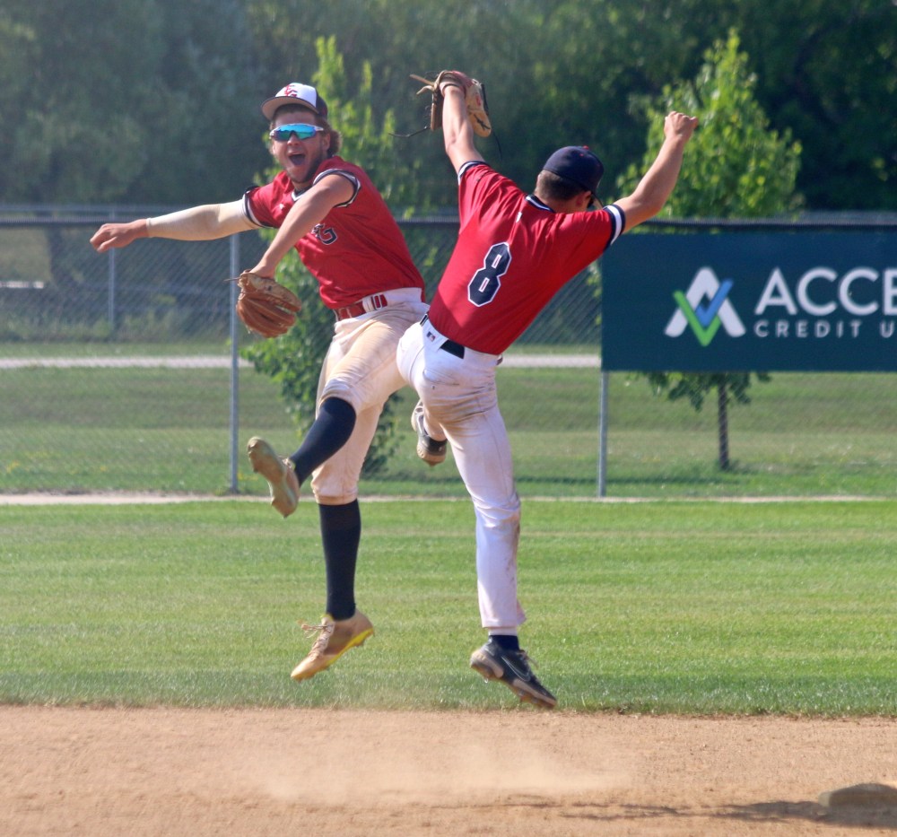 Rylan Penner celebrates his game-winning catch in the semi-finals of the 22U National Championships. Penner was named the defensive player of the tournament, and pitched a complete game in the gold-medal final. (Cassidy Dankochik The Carillon)