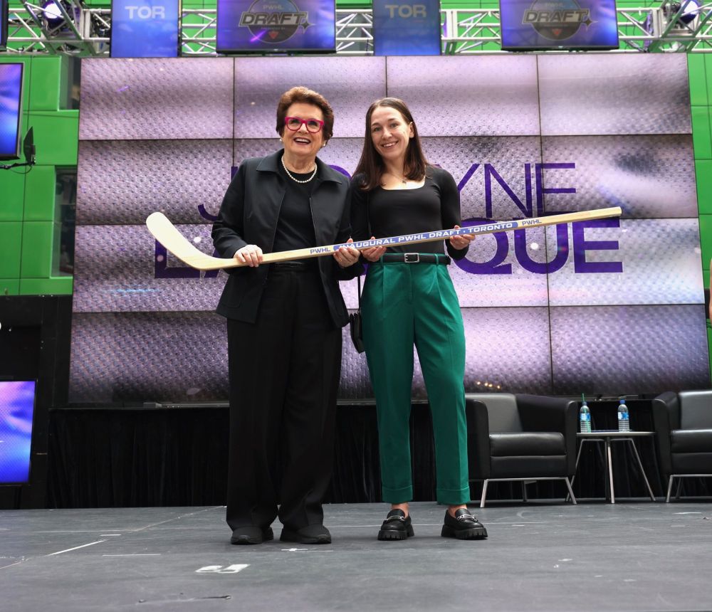 Professional Women's Hockey Leaugue investor and tennis legend Billie Jean King (left) and Jocelyne Larocque pose after Larocque was picked second overall by Toronto in the inaugural PWHL draft. Heather Pollock / PWHL