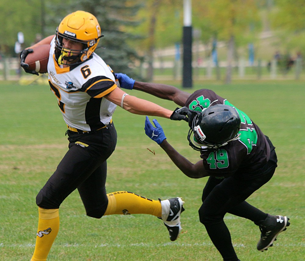 Mason Funk was dominant on the ground, in the receiving game and on defense. The two-way University of Manitoba commit finished with four total touchdowns, over 100 rushing yards and six tackles, including three for a loss. (Cassidy Dankochik The Carillon)