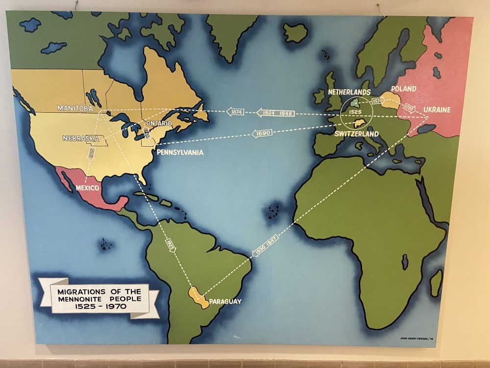 The hand-painted map of Mennonite migrations is the first thing people upon admission at MHV.