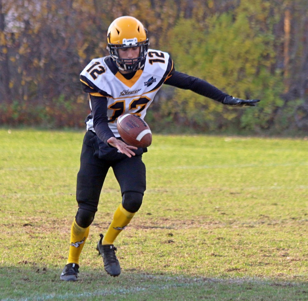 Bradey Dornez, who has taken on the role of quarterback, kicker and punter for Steinbach this season, was outstanding kicking the ball, oftentimes flipping field position with booming punts. (Cassidy Dankochik The Carillon)