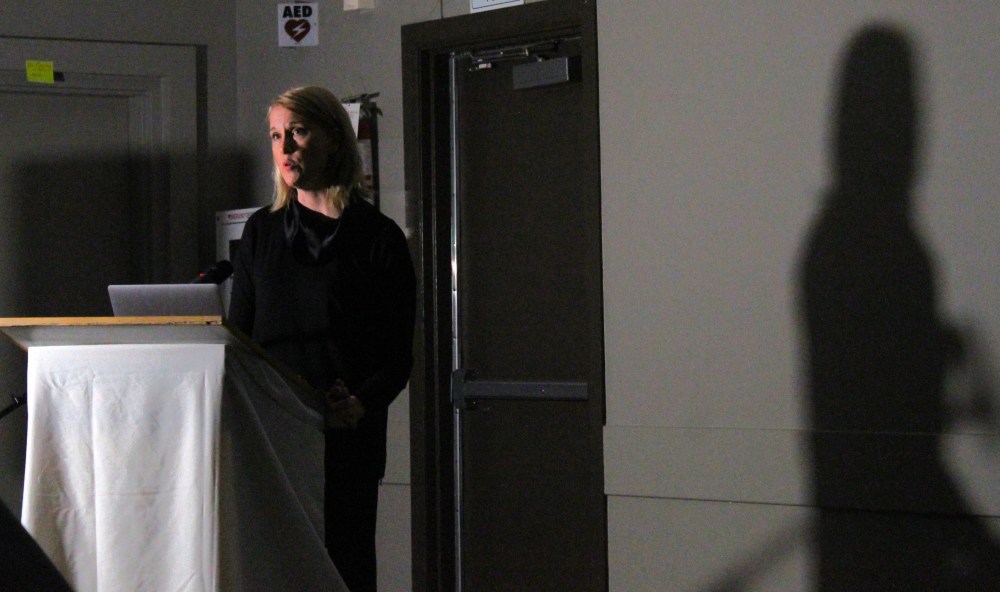CHRIS GAREAU The Carillon
Land use planner Jennifer Lim tells a crowd of 100 in the Dugald Community Club Oct. 12 that there is a shadow of broken rules on the Sio Silica sand mining development agreement that the municipal board is hosting hearings on starting Oct. 23 in the same building.