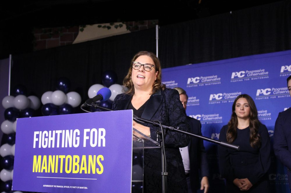 GREG VANDERMEULEN THE CARILLON
PC Leader Heather Stefanson speaks to PC candidates and supporters Tuesday night in Winnipeg.